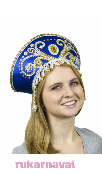 Синий кокошник Княжна с золотом